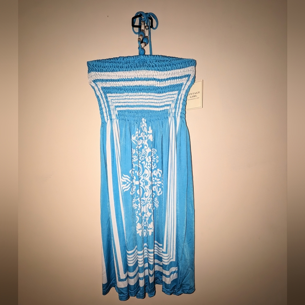 Vintage Girl Smocked Dress Beaded Neck Strap swim cover dress Fits Small-Large